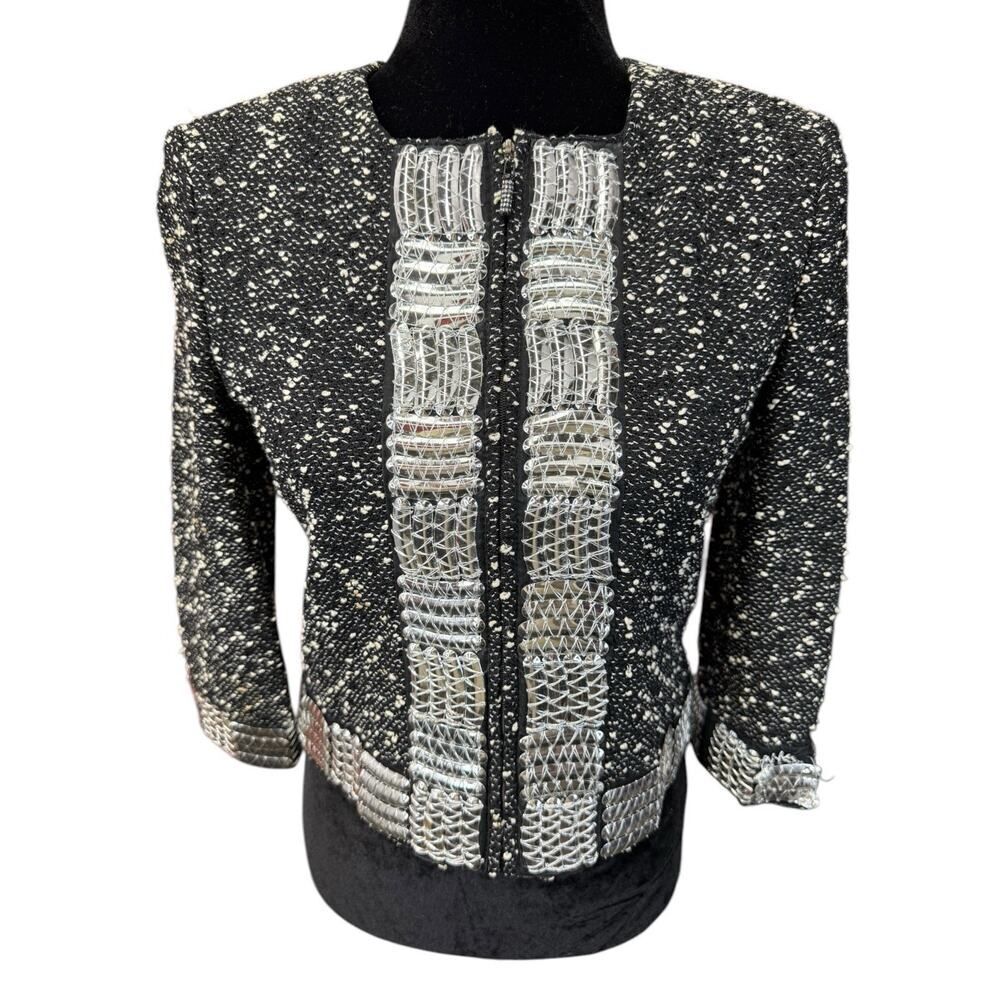St. John Couture Black Tweed Jacket Sz 2 Beaded Metallic Trim Crystal